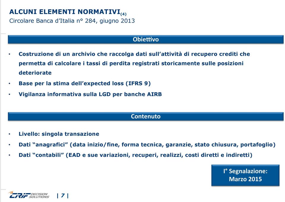 loss (IFRS 9) Vigilanza informativa sulla LGD per banche AIRB Contenuto Livello: singola transazione Dati anagrafici (data inizio/fine, forma