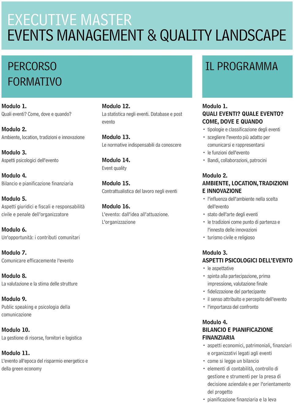 Comunicare efficacemente l evento Modulo 8. La valutazione e la stima delle strutture Modulo 9. Public speaking e psicologia della comunicazione Modulo 10.