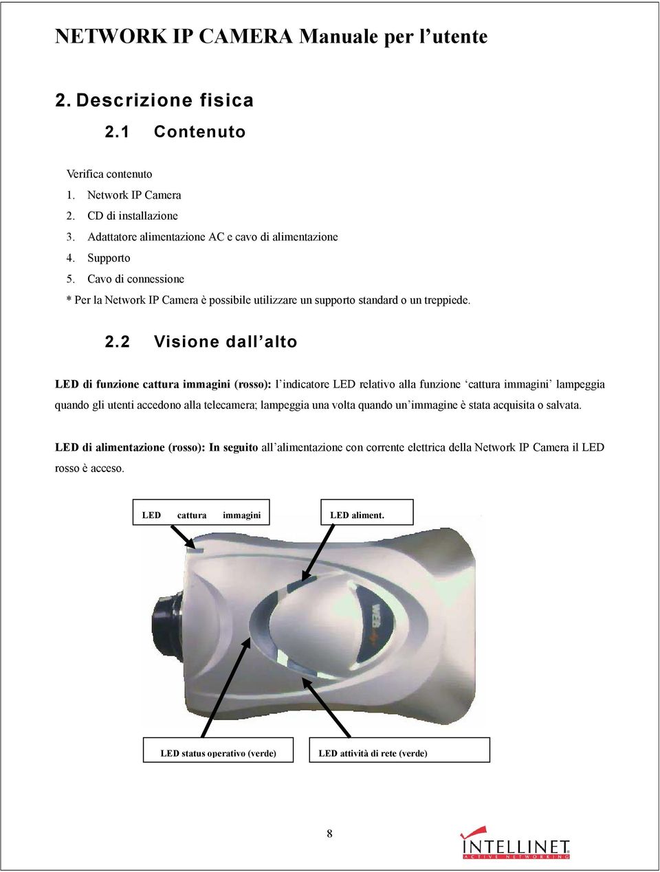 2 Visione dall alto LED di funzione cattura immagini (rosso): l indicatore LED relativo alla funzione cattura immagini lampeggia quando gli utenti accedono alla telecamera; lampeggia