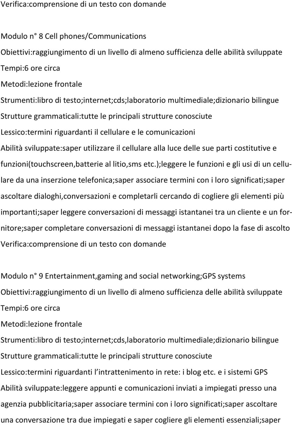 );leggere le funzioni e gli usi di un cellulare da una inserzione telefonica;saper associare termini con i loro significati;saper ascoltare dialoghi,conversazioni e completarli cercando di cogliere