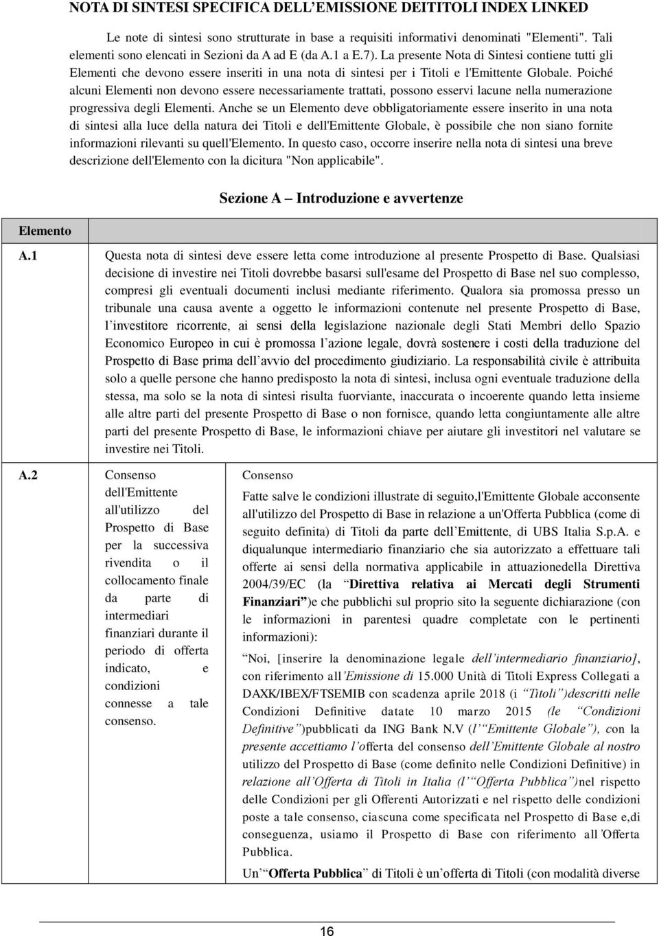 La presente Nota di Sintesi contiene tutti gli Elementi che devono essere inseriti in una nota di sintesi per i Titoli e l'emittente Globale.