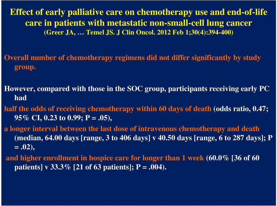 However, compared with those in the SOC group, participants receiving early PC had half the odds of receiving chemotherapy within 60 days of death (odds ratio, 0.47; 95% CI, 0.23 to 0.