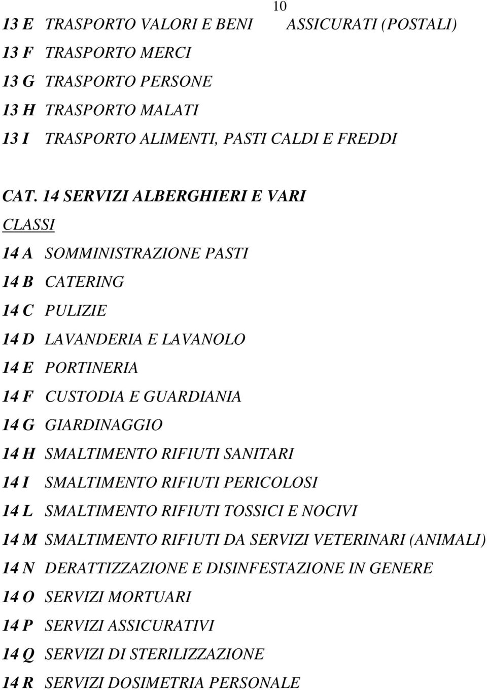 GIARDINAGGIO 14 H SMALTIMENTO RIFIUTI SANITARI 14 I SMALTIMENTO RIFIUTI PERICOLOSI 14 L SMALTIMENTO RIFIUTI TOSSICI E NOCIVI 14 M SMALTIMENTO RIFIUTI DA SERVIZI