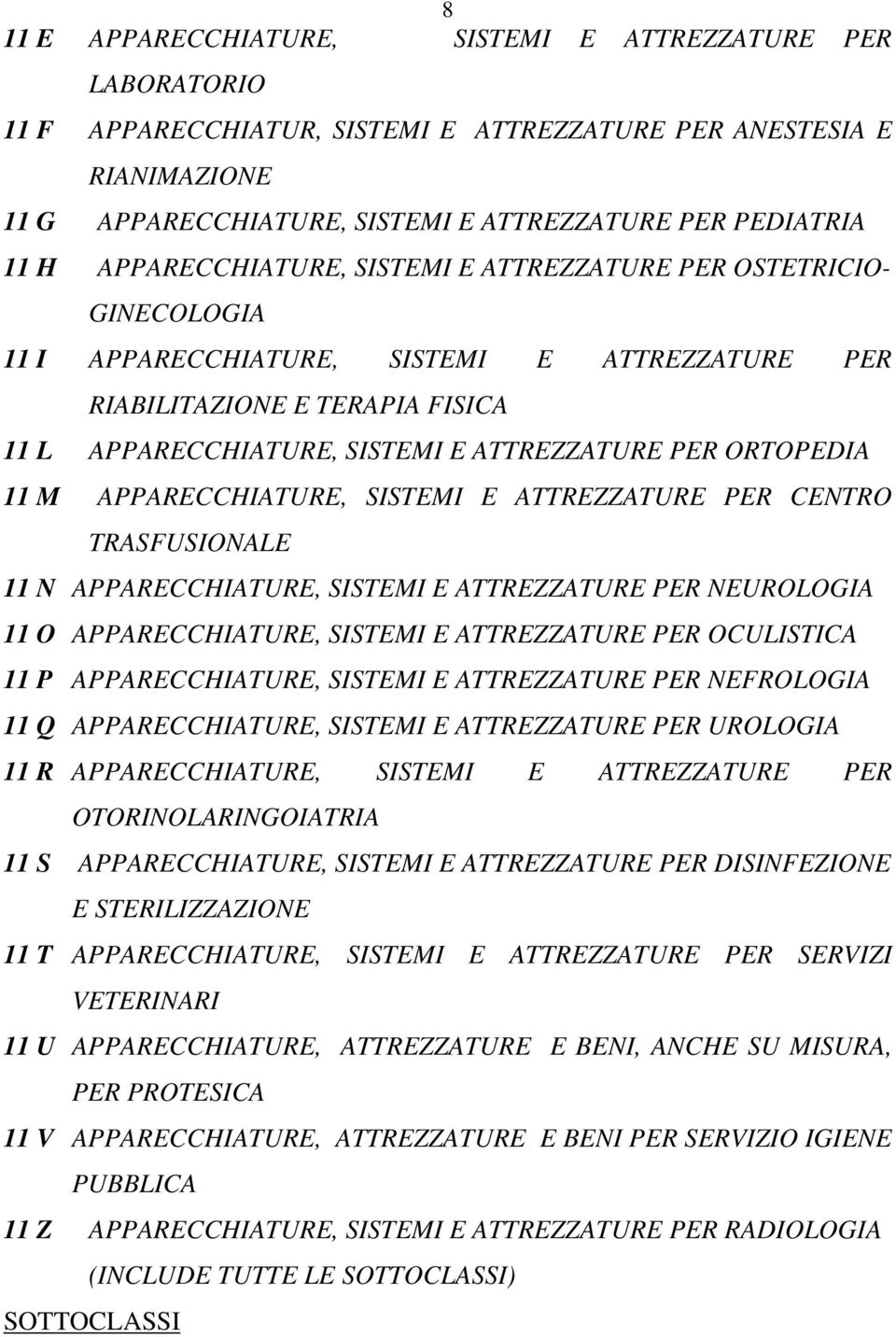 ORTOPEDIA 11 M APPARECCHIATURE, SISTEMI E ATTREZZATURE PER CENTRO TRASFUSIONALE 11 N APPARECCHIATURE, SISTEMI E ATTREZZATURE PER NEUROLOGIA 11 O APPARECCHIATURE, SISTEMI E ATTREZZATURE PER OCULISTICA