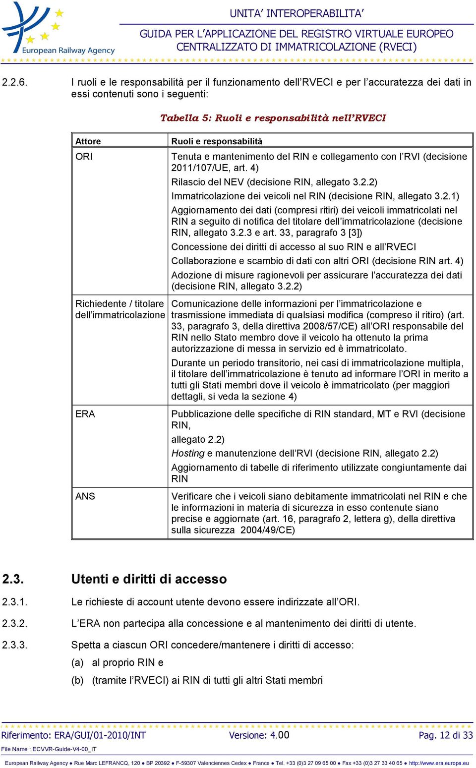 responsabilità Tenuta e mantenimento del RIN e collegamento con l RVI (decisione 2011/107/UE, art. 4) Rilascio del NEV (decisione RIN, allegato 3.2.2) Immatricolazione dei veicoli nel RIN (decisione RIN, allegato 3.