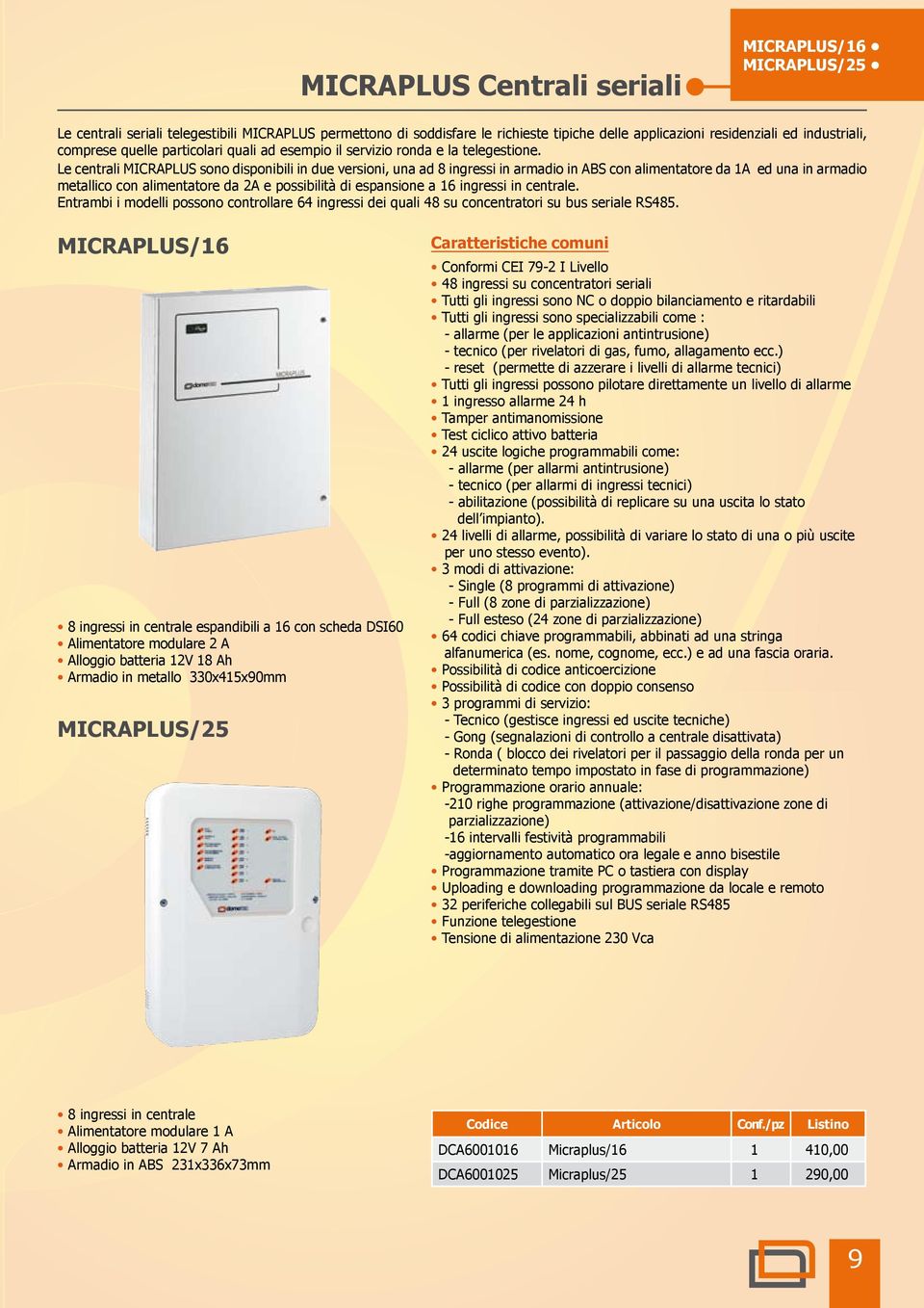 Le centrali MICRAPLUS sono disponibili in due versioni, una ad 8 ingressi in armadio in ABS con alimentatore da 1A ed una in armadio metallico con alimentatore da 2A e possibilità di espansione a 16