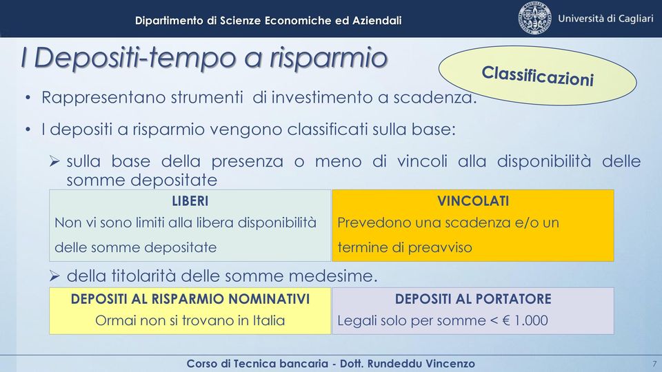 LIBERI VINCOLATI Non vi sono limiti alla libera disponibilità Prevedono una scadenza e/o un delle somme depositate termine di preavviso della