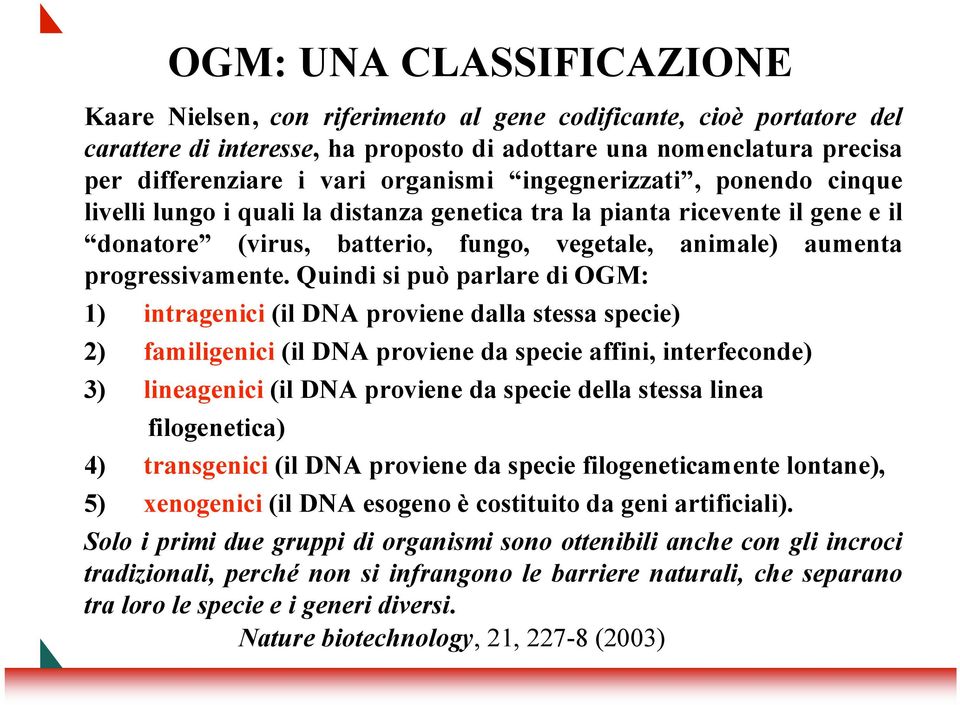 Quindi si può parlare di OGM: 1) intragenici (il DNA proviene dalla stessa specie) 2) familigenici (il DNA proviene da specie affini, interfeconde) 3) lineagenici (il DNA proviene da specie della