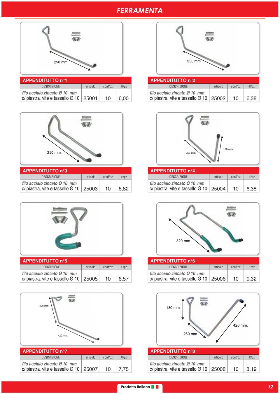 APPENDITUTTO n filo acciaio zincato Ø mm c/ piastra, vite e tassello Ø 6,7 APPENDITUTTO n 6 filo acciaio zincato Ø mm c/ piastra, vite e tassello Ø 6 9,3 300 mm. 180 mm.