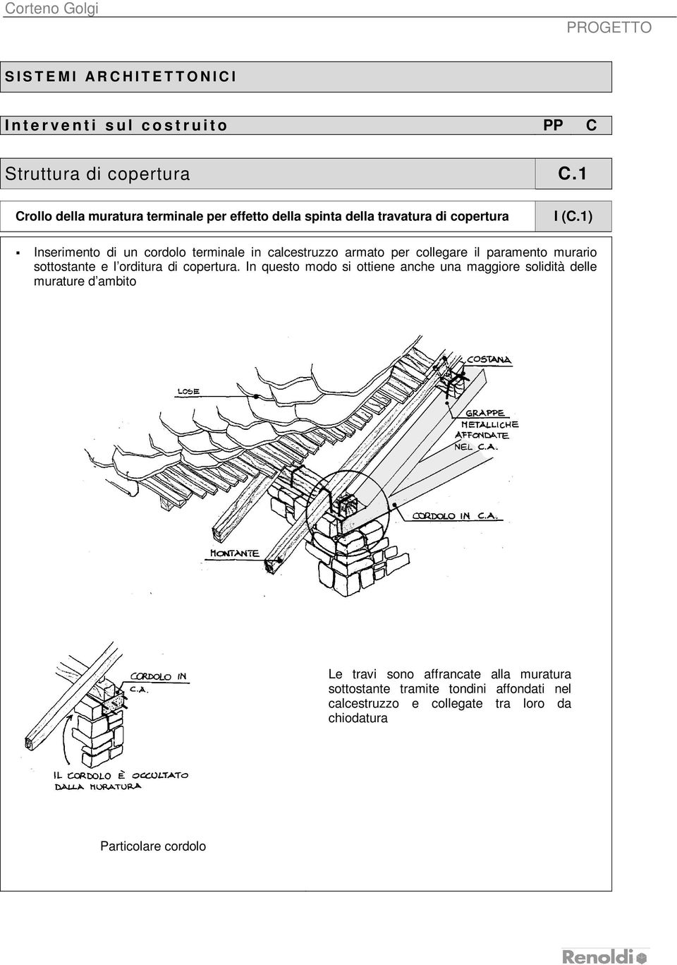 1) Inserimento di un cordolo terminale in calcestruzzo armato per collegare il paramento murario sottostante e l orditura di copertura.