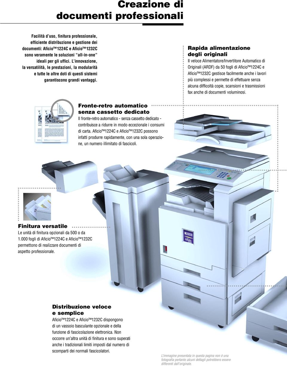 Rapida alimentazione degli originali Il veloce Alimentatore/Invertitore Automatico di Originali (ARDF) da 50 fogli di Aficio 1224C e Aficio 1232C gestisce facilmente anche i lavori più complessi e