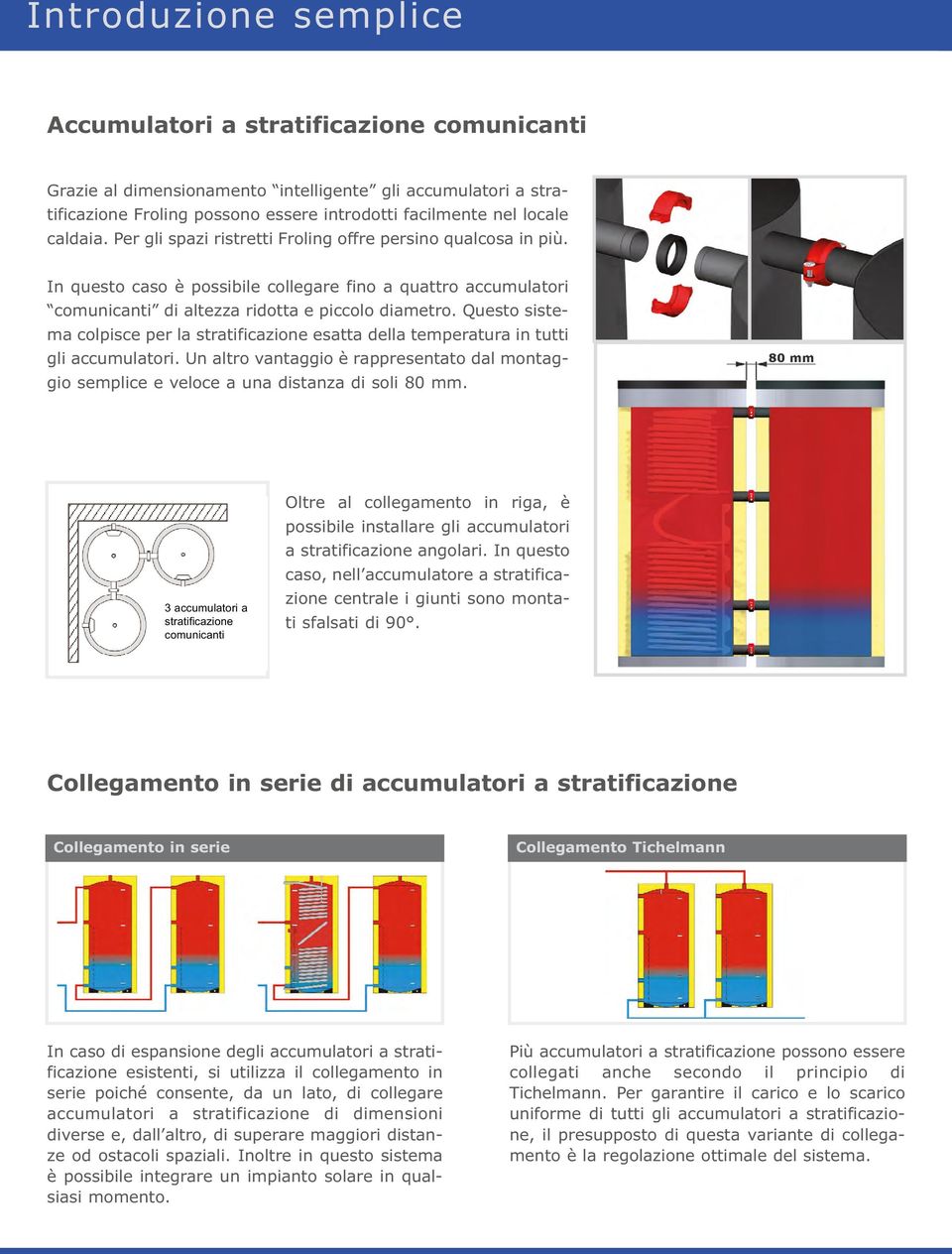 Questo sistema colpisce per la stratificazione esatta della temperatura in tutti gli accumulatori. Un altro vantaggio è rappresentato dal montaggio semplice e veloce a una distanza di soli 80 mm.