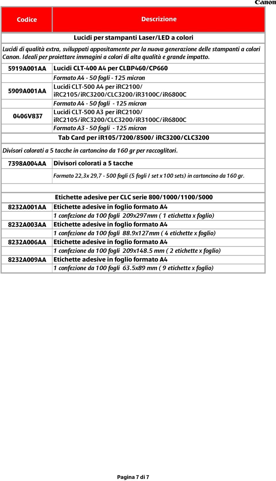 5919A001AA Lucidi CLT-400 A4 per CLBP460/CP660 Formato A4-50 fogli - 125 micron Lucidi CLT-500 A4 per irc2100/ 5909A001AA irc2105/irc3200/clc3200/ir3100c/ir6800c Formato A4-50 fogli - 125 micron