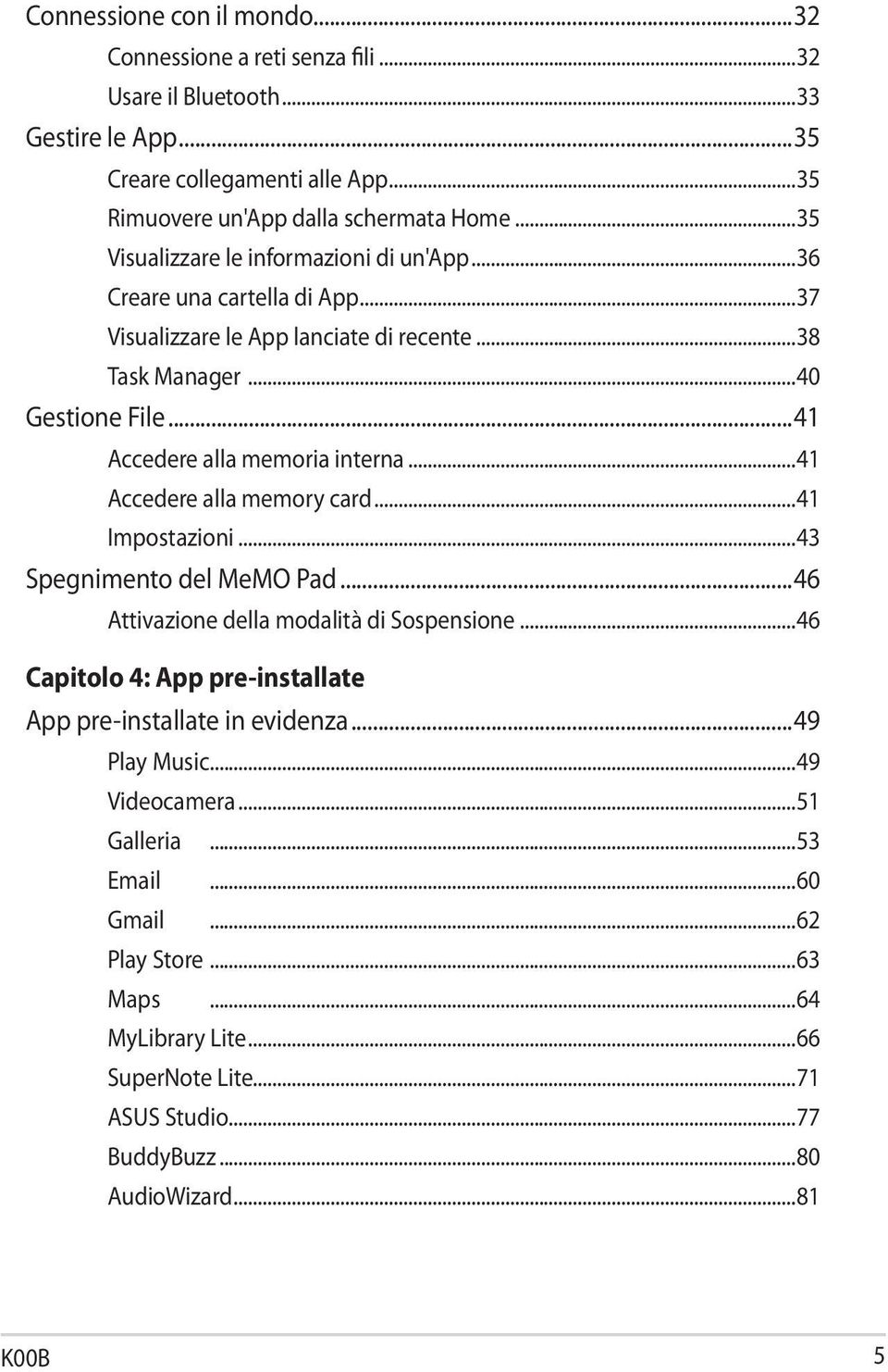 ..41 Accedere alla memory card...41 Impostazioni...43 Spegnimento del MeMO Pad...46 Attivazione della modalità di Sospensione...46 Capitolo 4: App pre-installate App pre-installate in evidenza.