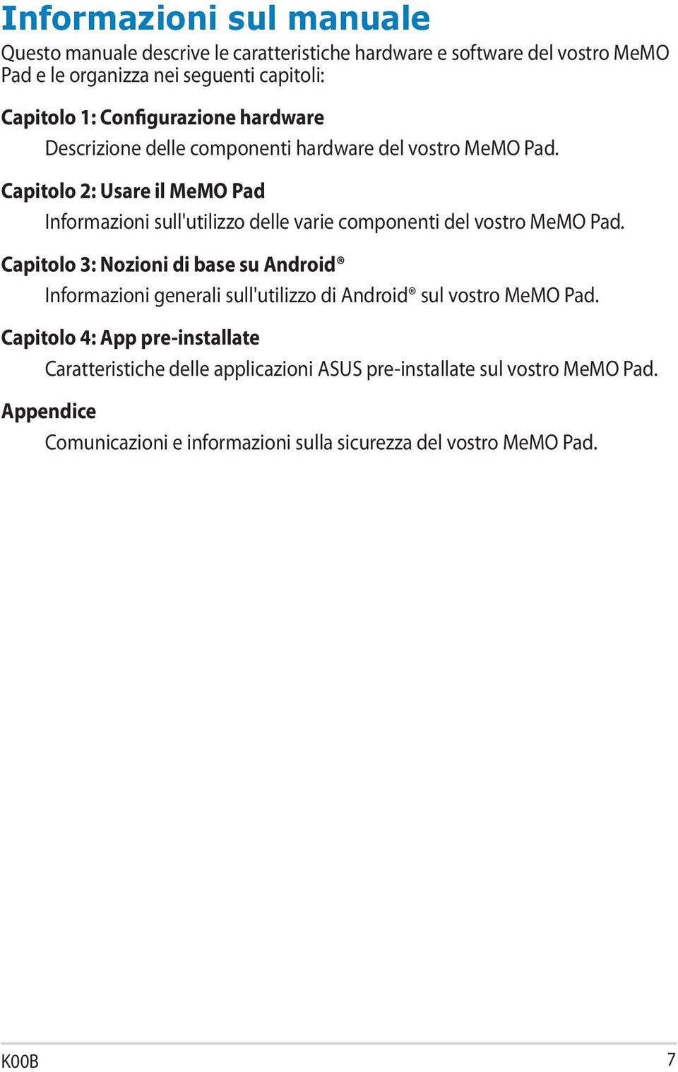 Capitolo 2: Usare il MeMO Pad Informazioni sull'utilizzo delle varie componenti del vostro MeMO Pad.