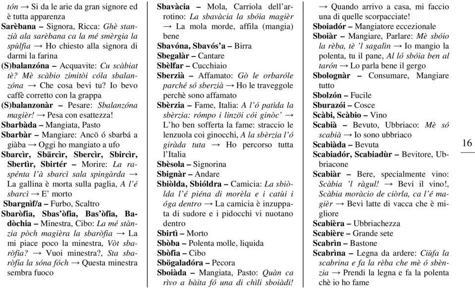 Sbarbàda Mangiata, Pasto Sbarbàr Mangiare: Ancö ó sbarbá a giàba Oggi ho mangiato a ufo Sbarcìr, Sbärcìr, Sbercìr, Sbircìr, Sbertìr, Sbirtér Morire: La raspénta l à sbarcì sala spingàrda La gallina è