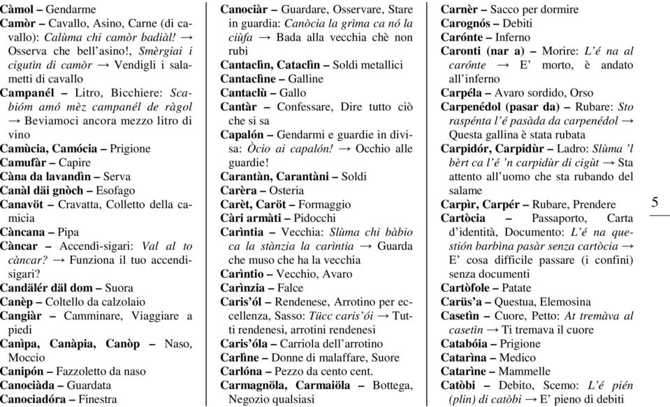 Capire Càna da lavandìn Serva Canàl däi gnòch Esofago Canavöt Cravatta, Colletto della camicia Càncana Pipa Càncar Accendi-sigari: Val al to càncar? Funziona il tuo accendisigari?