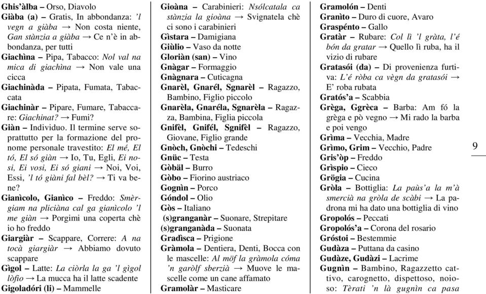 Il termine serve soprattutto per la formazione del pronome personale travestito: El mé, El tó, El só giàn Io, Tu, Egli, Ei nosi, Ei vosi, Ei só giani Noi, Voi, Essi, l tó giàni fal bèl? Ti va bene?