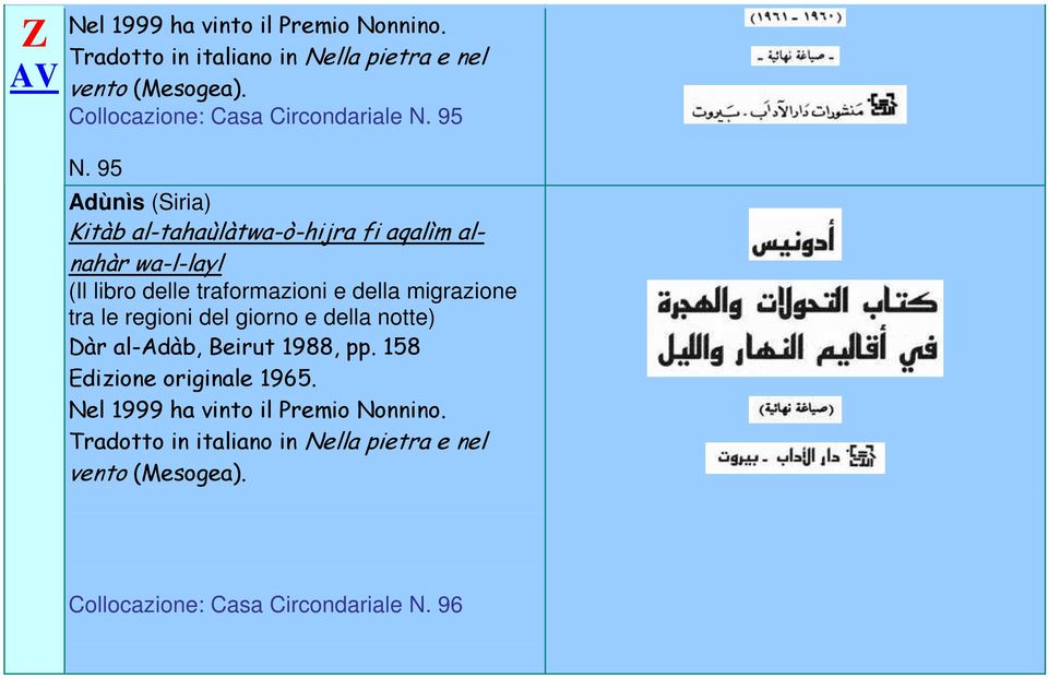 95 Adùnìs (Siria) Kitàb al-tahaùlàtwa-ò-hijra fi aqalìm alnahàr wa-l-layl (Il libro delle traformazioni e della migrazione