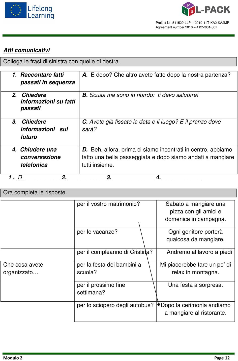 E il pranzo dove sarà? D. Beh, allora, prima ci siamo incontrati in centro, abbiamo fatto una bella passeggiata e dopo siamo andati a mangiare tutti insieme. 1._D 2. 3. 4. Ora completa le risposte.