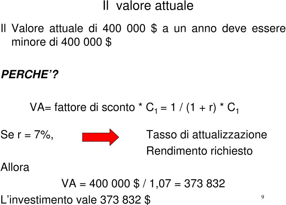 VA= fattore di sconto * C 1 = 1 / (1 + r) * C 1 Se r = 7%, Tasso di