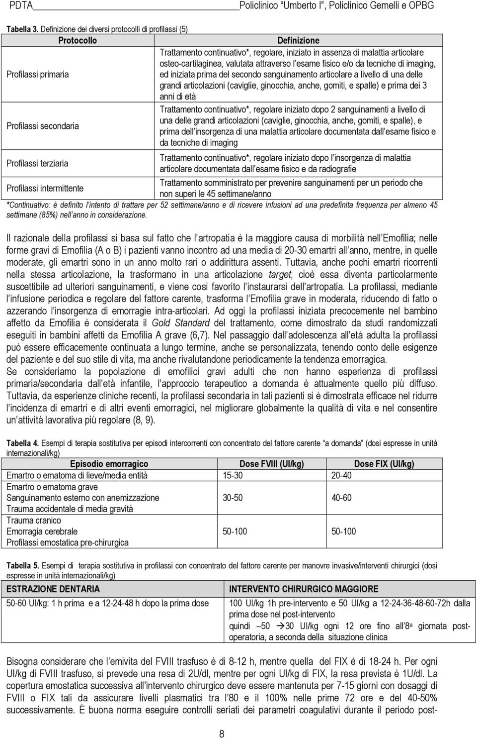 esame fisico e/o da tecniche di imaging, Profilassi primaria ed iniziata prima del secondo sanguinamento articolare a livello di una delle grandi articolazioni (caviglie, ginocchia, anche, gomiti, e