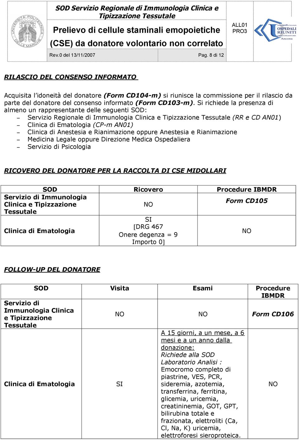 Si richiede la presenza di almeno un rappresentante delle seguenti SOD: Servizio Regionale di Immunologia Clinica e (RR e CD AN01) Clinica di Ematologia (CP-m AN01) Clinica di Anestesia e