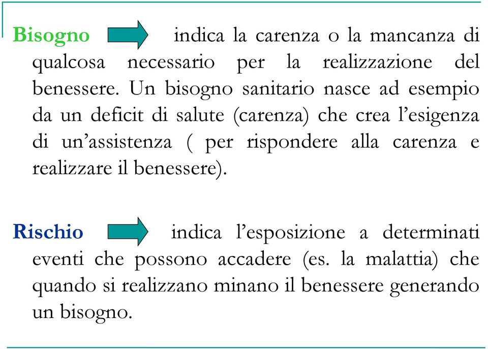 assistenza ( per rispondere alla carenza e realizzare il benessere).