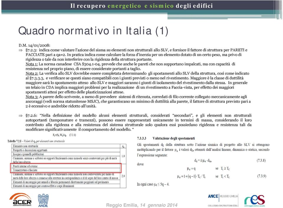 Nota 1: La norma canadese CSA S304.1-04, prevede che anche le pareti che non supportano impalcati, ma con capacità di resistenza nel proprio piano, di essere considerate portanti a taglio.