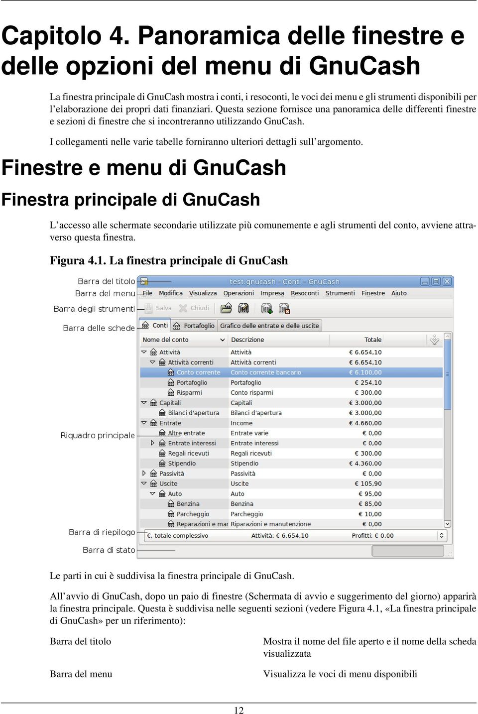 dati finanziari. Questa sezione fornisce una panoramica delle differenti finestre e sezioni di finestre che si incontreranno utilizzando GnuCash.