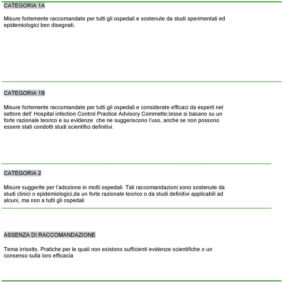 razionale teorico e su evidenze che ne suggeriscono l uso, anche se non possono essere stati condotti studi scientifici definitivi. CATEGORIA 2 Misure suggerite per l adozione in molti ospedali.