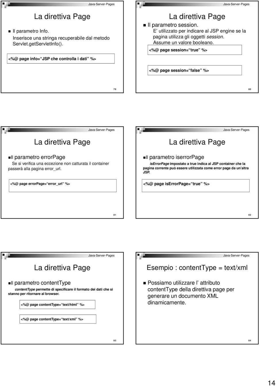 @ page session= true @ page info= JSP che controlla i dati @ page session= false 79 80 La direttiva Page Il parametro errorpage Se si verifica una eccezione non catturata il container passerà alla