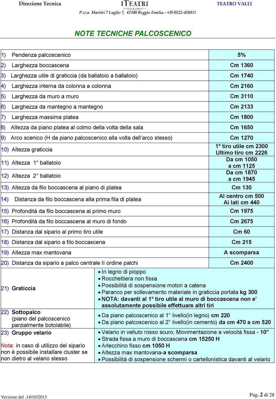 scenico (H da piano palcoscenico alla volta dell arco stesso) Cm 1270 10) Altezza graticcia 11) Altezza 1 ballatoio 12) Altezza 2 ballatoio 1 tiro utile cm 2300 Ultimo tiro cm 2226 Da cm 1050 a cm