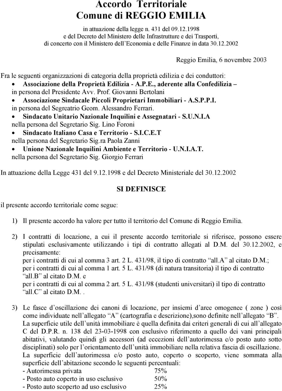 2002 Reggio Emilia, 6 novembre 2003 Fra le seguenti organizzazioni di categoria della proprietà edilizia e dei conduttori: Associazione della Proprietà Edilizia - A.P.E., aderente alla Confedilizia in persona del Presidente Avv.