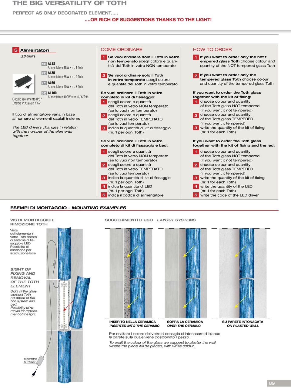 4 / 6 Toth Doppio isolamento IP67 Double insulation IP67 Il tipo di alimentatore varia in base al numero di elementi cablati insieme The LED drivers changes in relation with the number of the