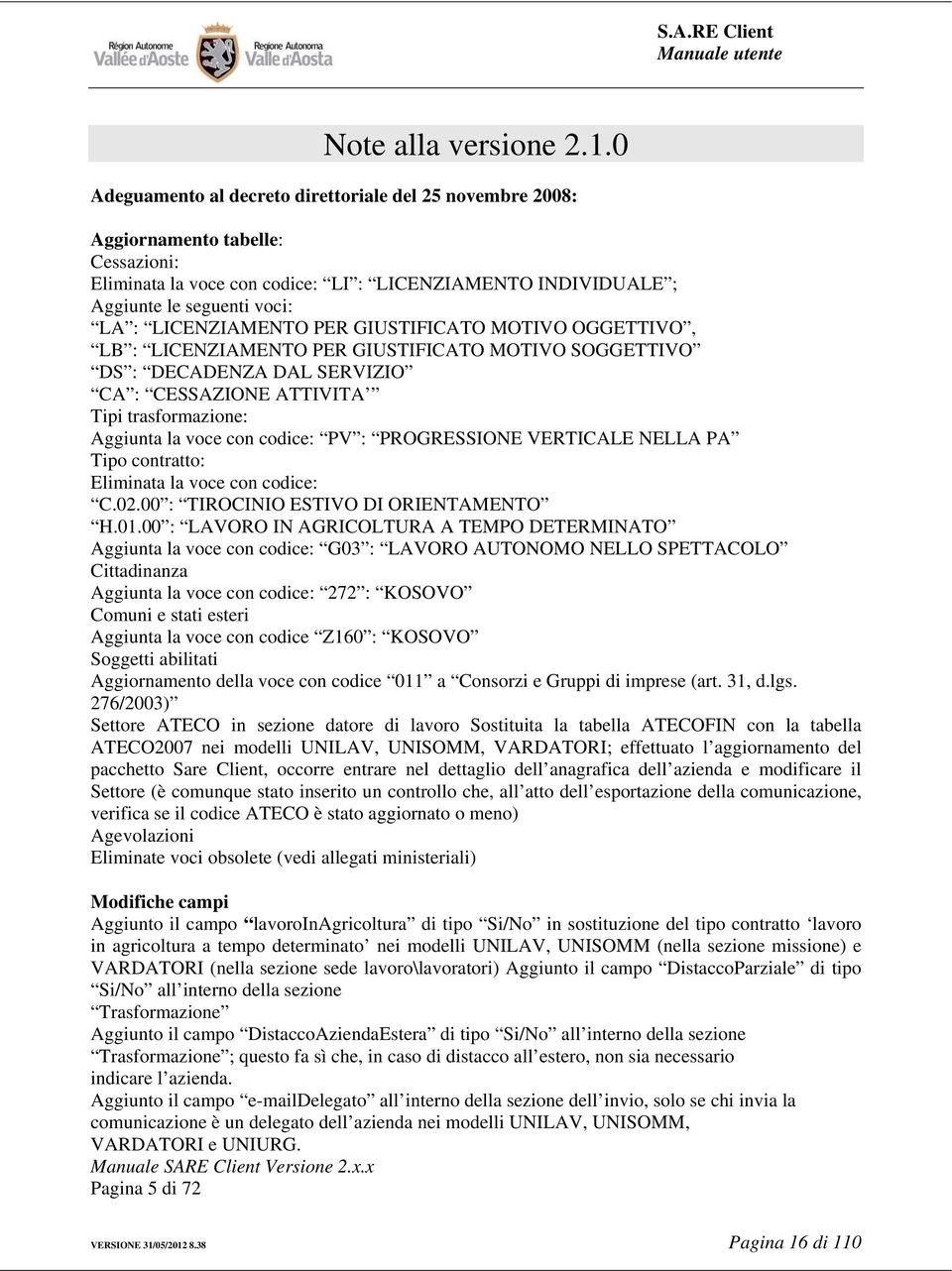 LICENZIAMENTO PER GIUSTIFICATO MOTIVO OGGETTIVO, LB : LICENZIAMENTO PER GIUSTIFICATO MOTIVO SOGGETTIVO DS : DECADENZA DAL SERVIZIO CA : CESSAZIONE ATTIVITA Tipi trasformazione: Aggiunta la voce con