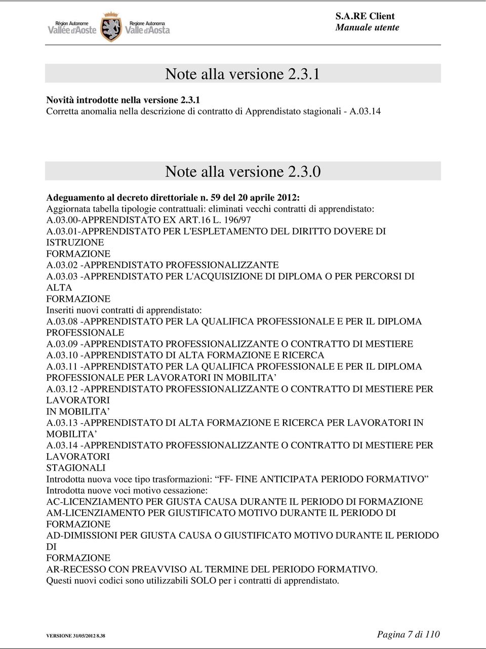 03.02 -APPRENDISTATO PROFESSIONALIZZANTE A.03.03 -APPRENDISTATO PER L'ACQUISIZIONE DI DIPLOMA O PER PERCORSI DI ALTA FORMAZIONE Inseriti nuovi contratti di apprendistato: A.03.08 -APPRENDISTATO PER LA QUALIFICA PROFESSIONALE E PER IL DIPLOMA PROFESSIONALE A.