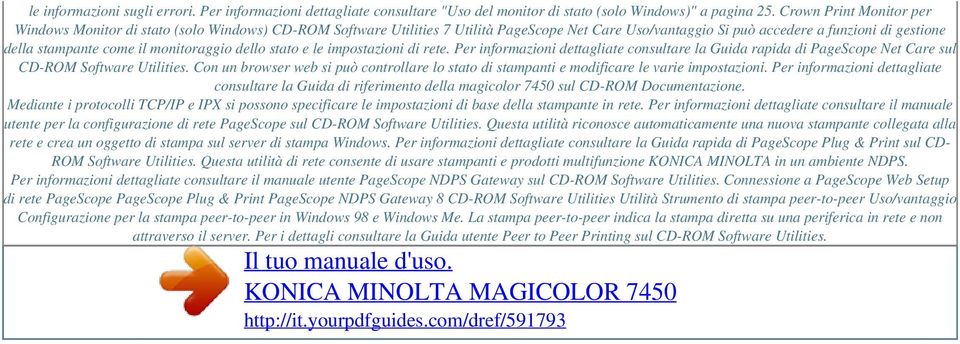 monitoraggio dello stato e le impostazioni di rete. Per informazioni dettagliate consultare la Guida rapida di PageScope Net Care sul CD-ROM Software Utilities.