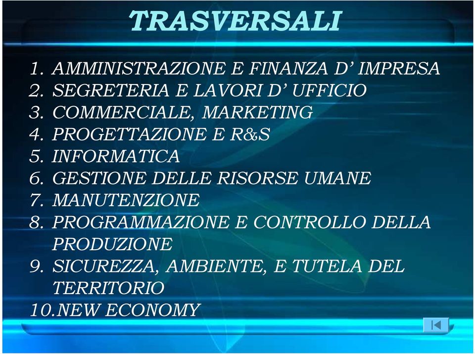 PROGETTAZIONE E R&S 5. INFORMATICA 6. GESTIONE DELLE RISORSE UMANE 7.