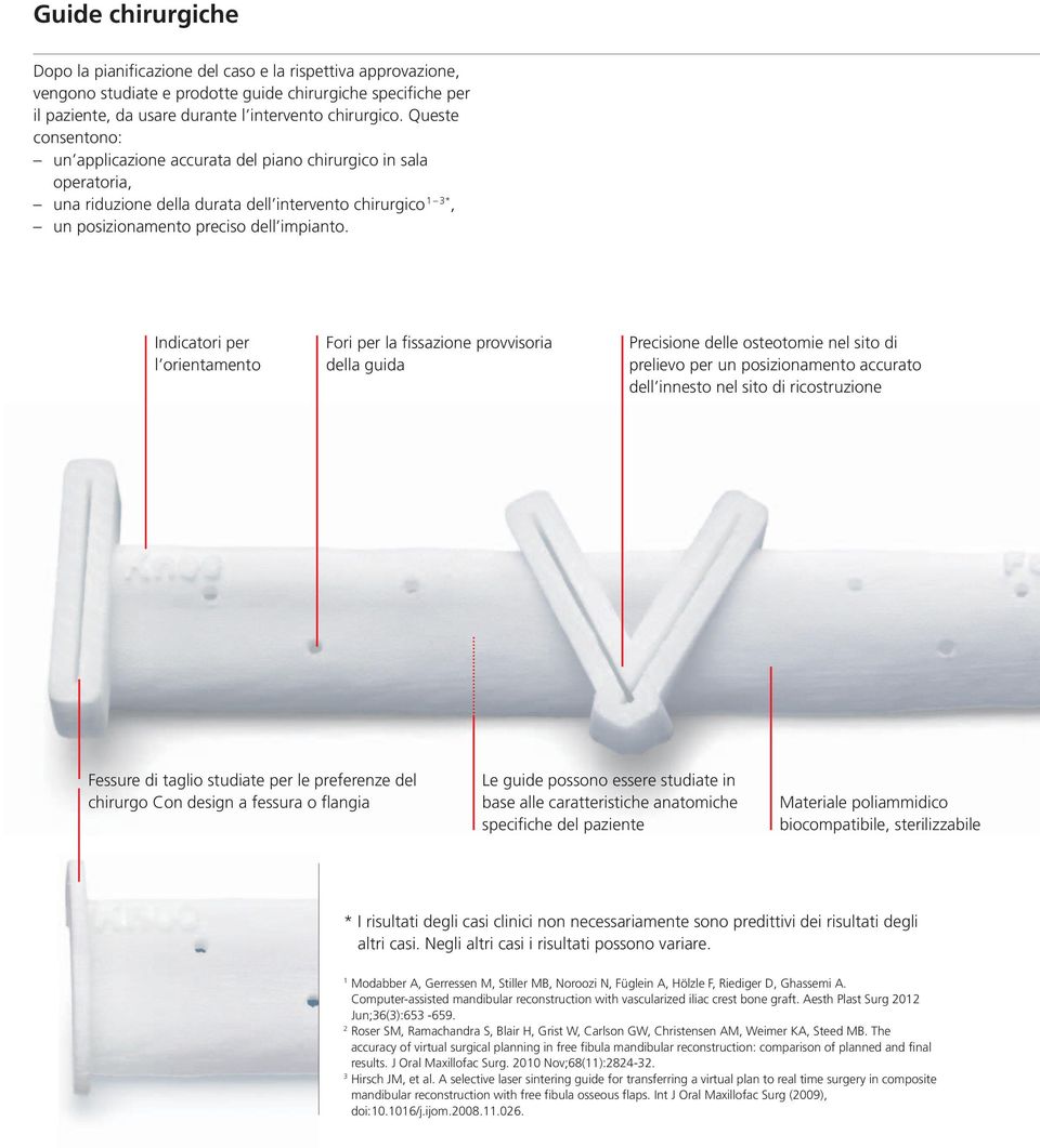 Indicatori per l orientamento Fori per la fissazione provvisoria della guida Precisione delle osteotomie nel sito di prelievo per un posizionamento accurato dell innesto nel sito di ricostruzione