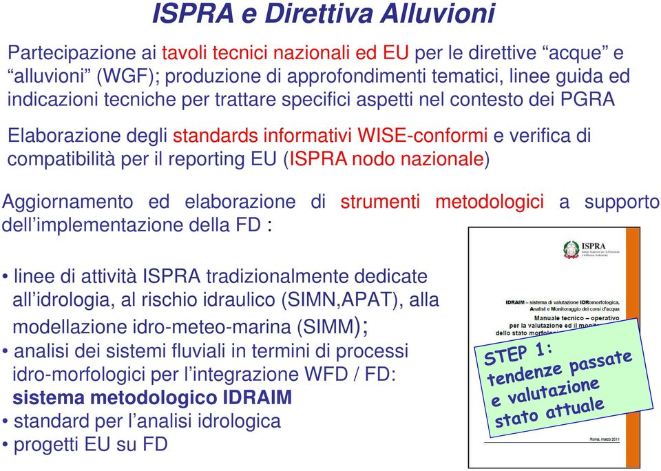 elaborazione di strumenti metodologici a supporto dell implementazione della FD : linee di attività ISPRA tradizionalmente dedicate all idrologia, al rischio idraulico (SIMN,APAT), alla modellazione