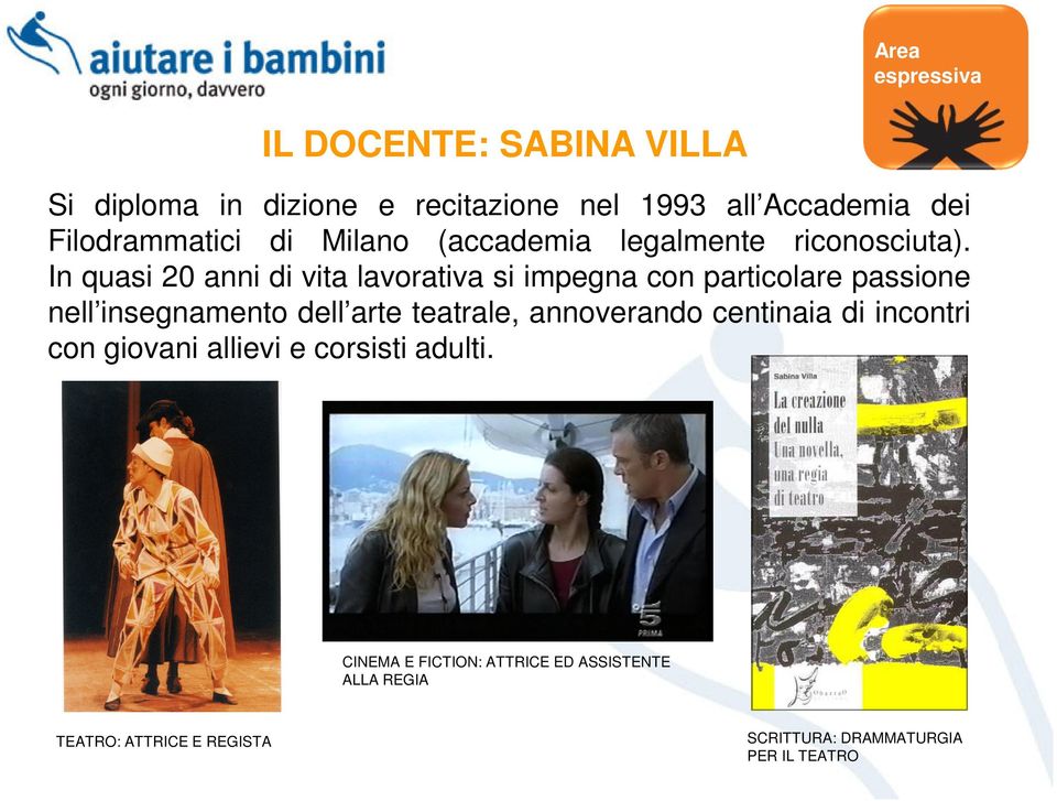 In quasi 20 anni di vita lavorativa si impegna con particolare passione nell insegnamento dell arte teatrale,