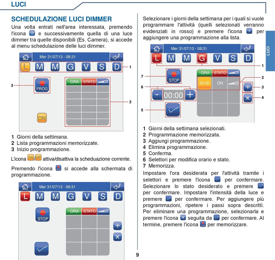 L M M G V S D PROG ORA STATO Selezionare i giorni della settimana per i quali si vuole programmare l'attività (quelli selezionati verranno evidenziati in rosso) e premere l'icona per aggiungere una