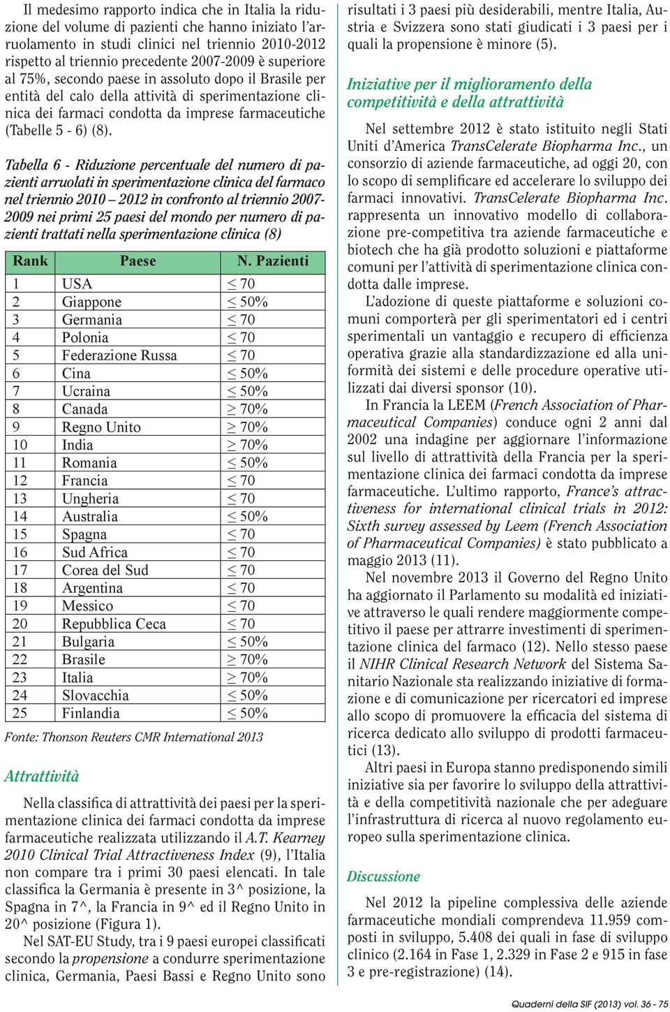 Tabella 6 - Riduzione percentuale del numero di pazienti arruolati in sperimentazione clinica del farmaco nel triennio 2010 2012 in confronto al triennio 2007-2009 nei primi 25 paesi del mondo per