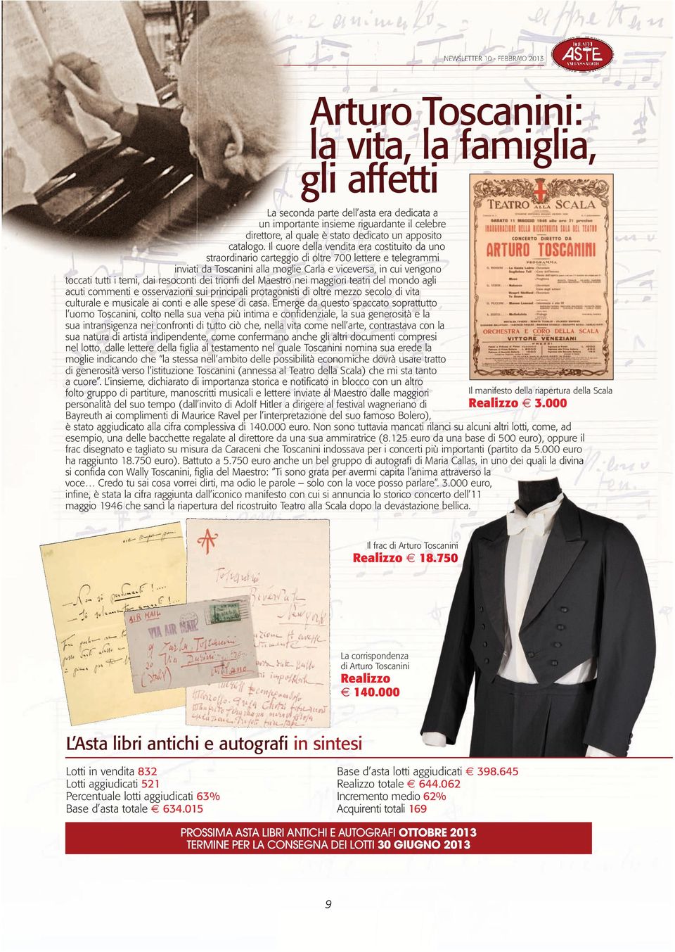 Il cuore della vendita era costituito da uno straordinario carteggio di oltre 700 lettere e telegrammi inviati da Toscanini alla moglie Carla e viceversa, in cui vengono toccati tutti i temi, dai