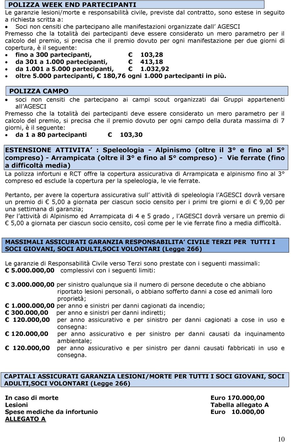 manifestazione per due giorni di copertura, è il seguente: fino a 300 partecipanti, 103,28 da 301 a 1.000 partecipanti, 413,18 da 1.001 a 5.000 partecipanti, 1.032,92 oltre 5.