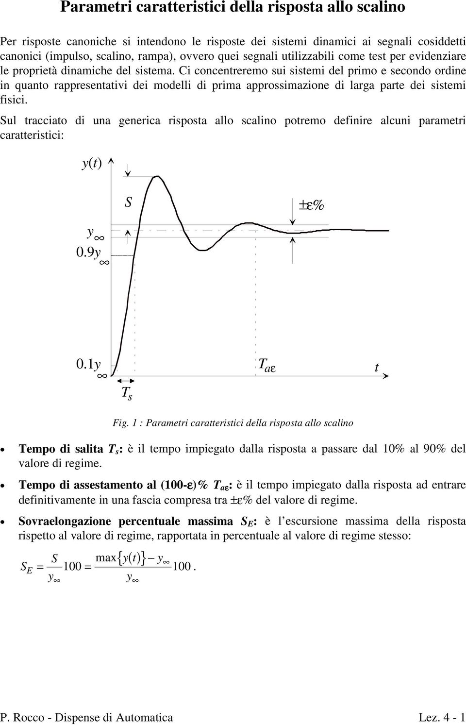 Sul racciao di una generica ripoa allo calino poremo definire alcuni parameri caraeriici: () 0.9 S ±ε% 0.1 aε Fig.