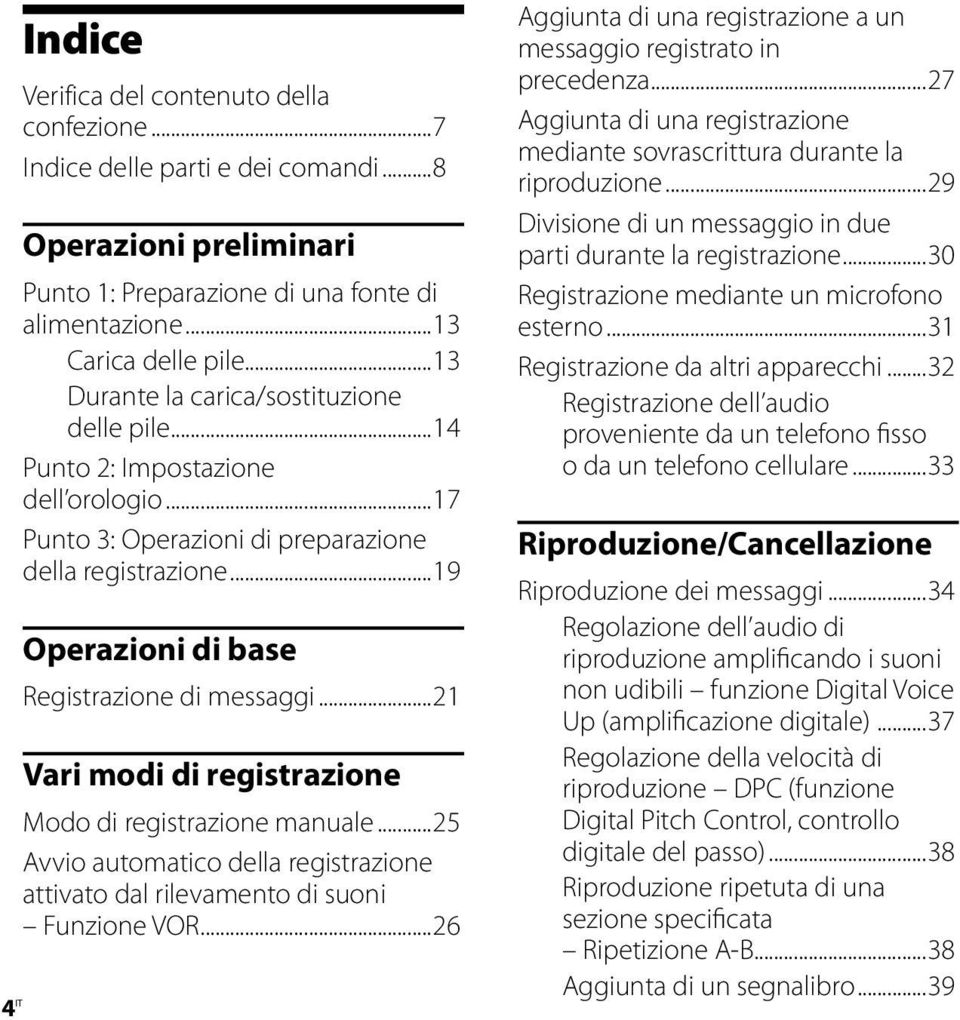 ..21 Vari modi di registrazione Modo di registrazione manuale...25 Avvio automatico della registrazione attivato dal rilevamento di suoni Funzione VOR.