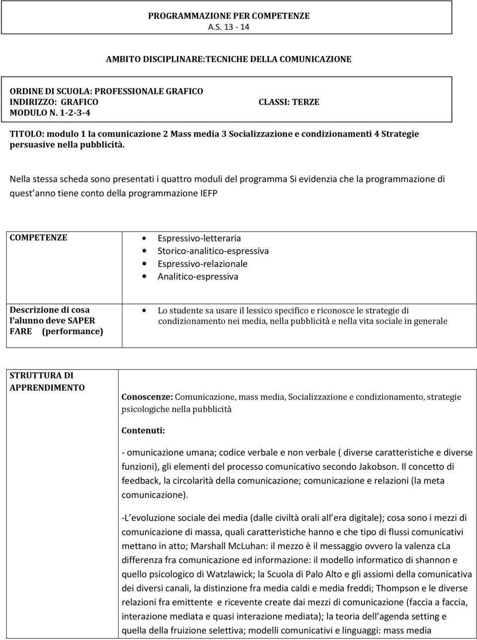 Nella stessa scheda sono presentati i quattro moduli del programma Si evidenzia che la programmazione di quest anno tiene conto della programmazione IEFP COMPETENZE Espressivo-letteraria