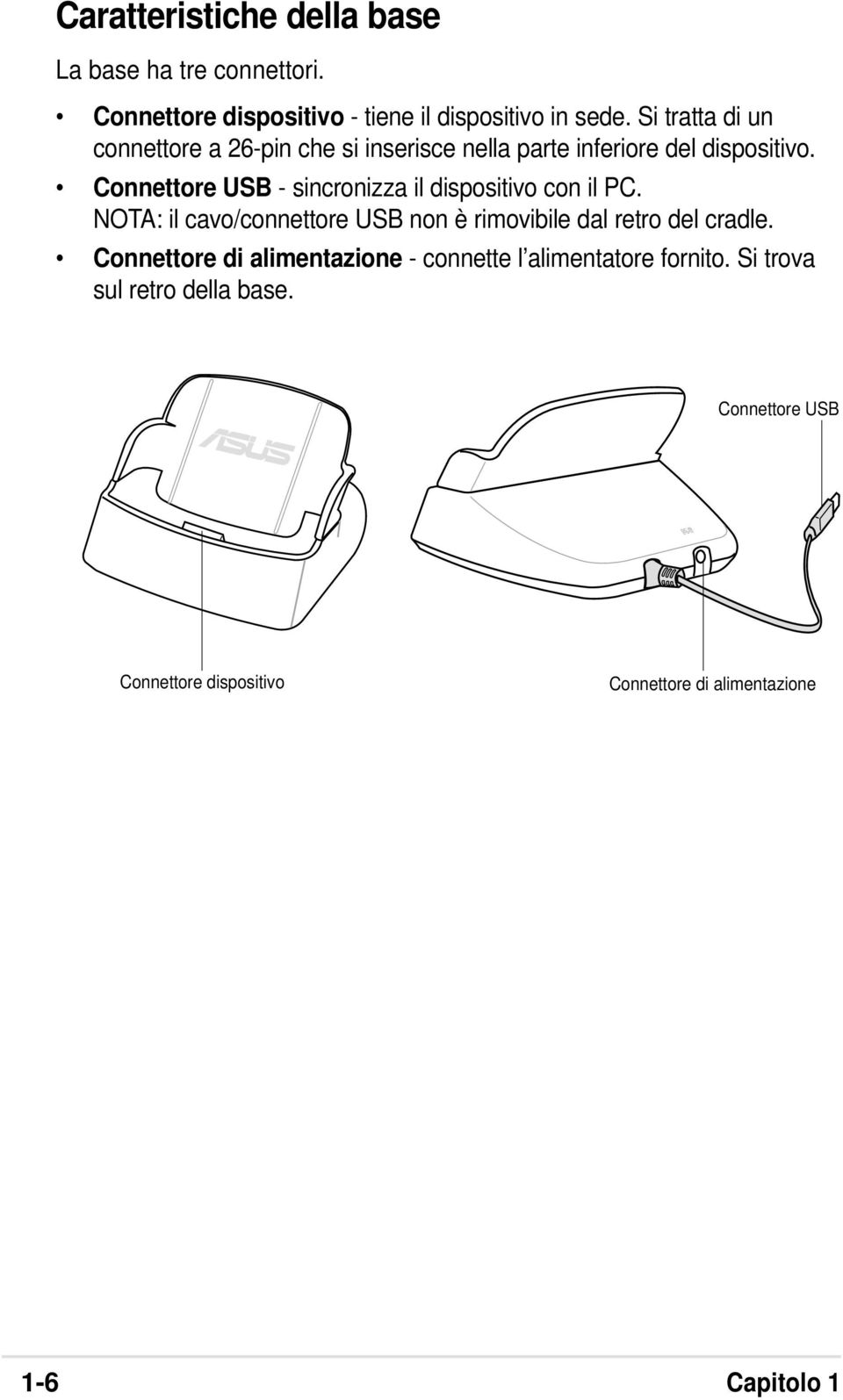 Connettore USB - sincronizza il dispositivo con il PC. NOTA: il cavo/connettore USB non è rimovibile dal retro del cradle.